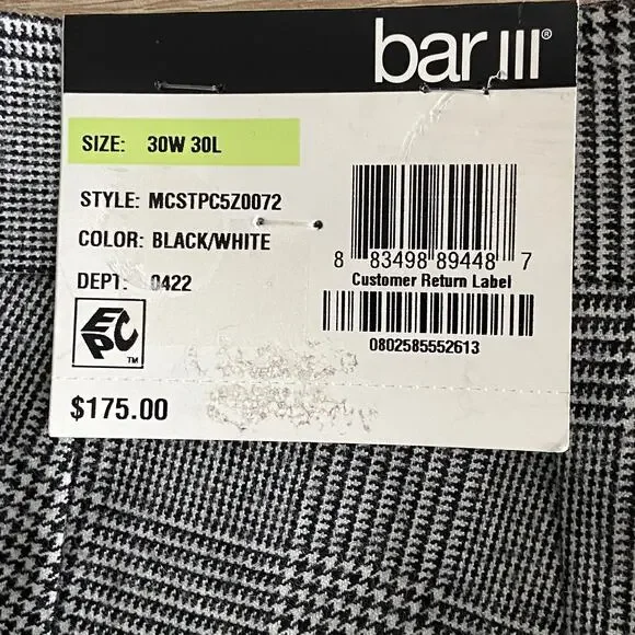 Bar III Suit Separates Men's 30x30 Dress Pants Slim Fit Black/White Plaid NEW